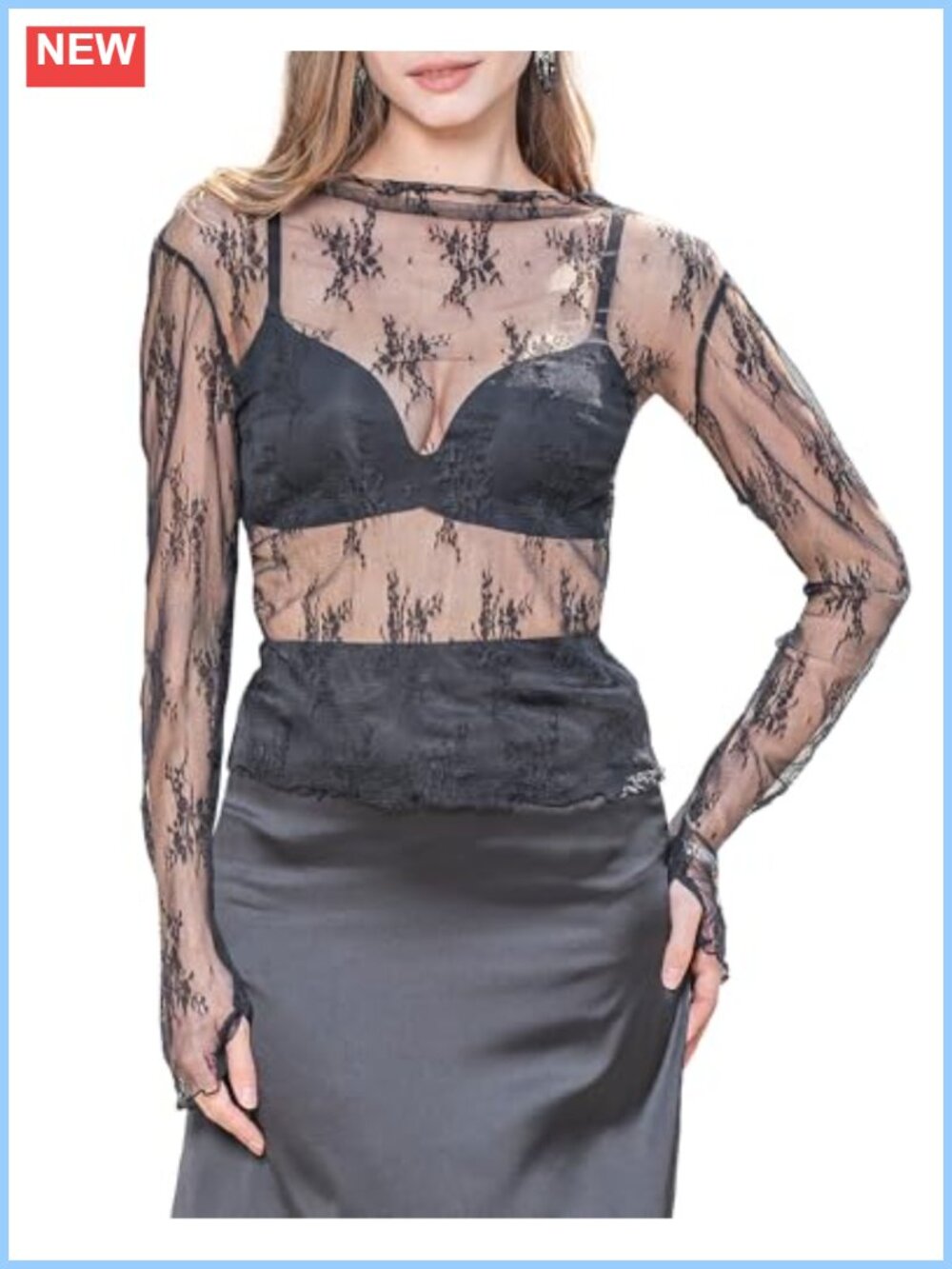 Sheer Mesh Lace Long Sleeve Mock Neck Blouse
